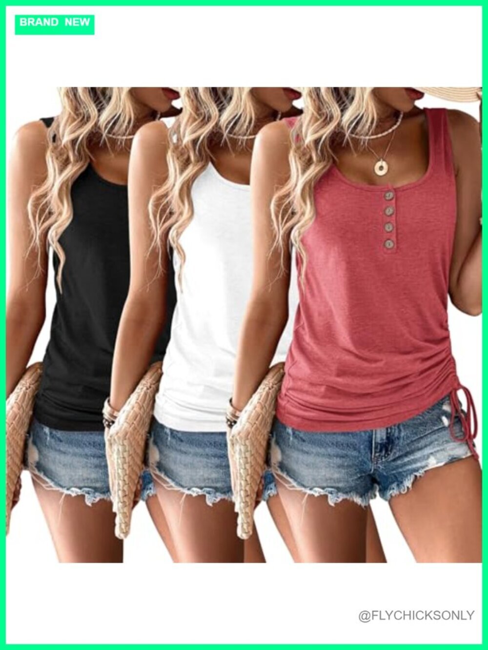 Cotton Polyester Spandex Women Tank Tops U Neck Sleeveless Button Shirts 3 Pack